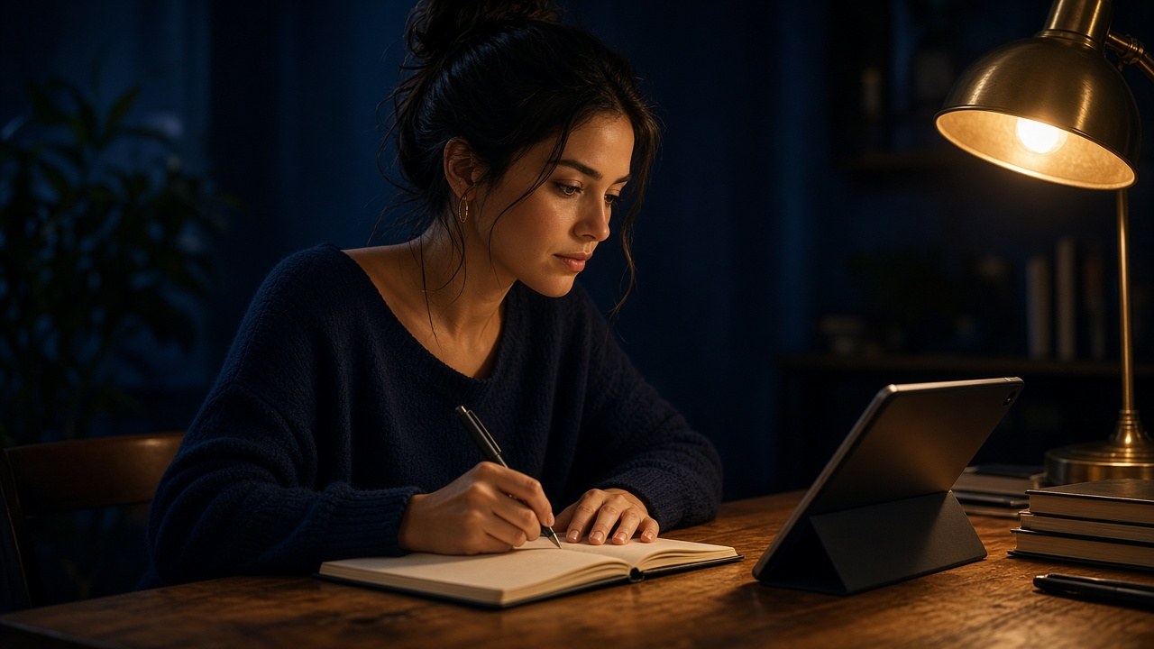 Estudante começando inglês do zero com caderno e tablet sob luz dourada