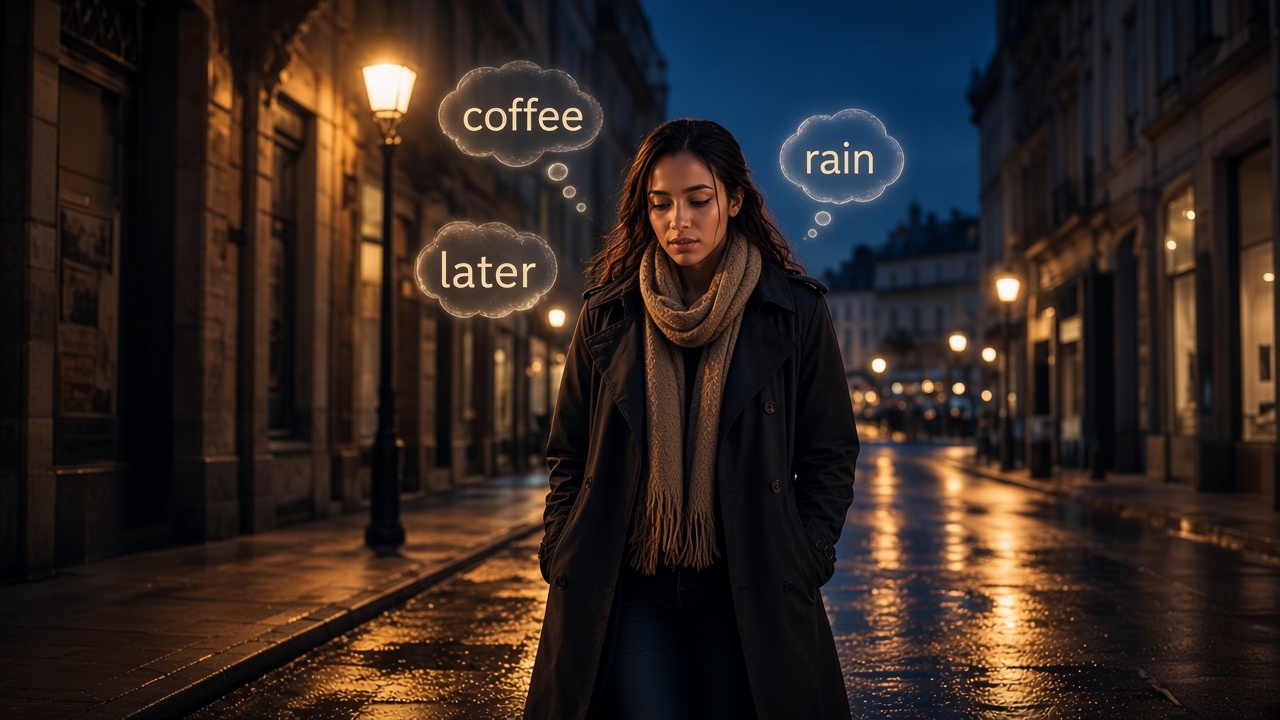 Mulher caminhando pela cidade ao entardecer, como se pensasse em inglês