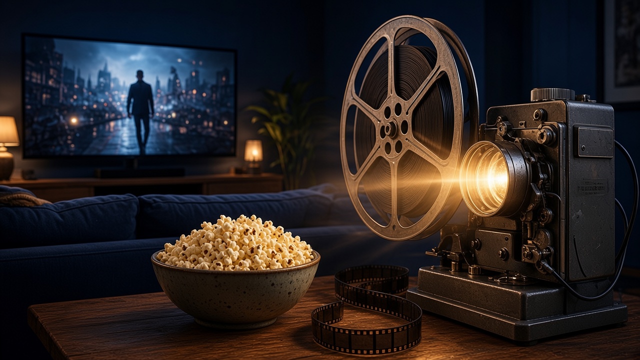 Sala de cinema em casa e projetor de filme 35mm sob luz dourada