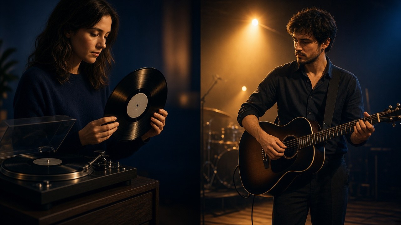Disco de vinil e partitura em primeiro plano com um palco ao fundo