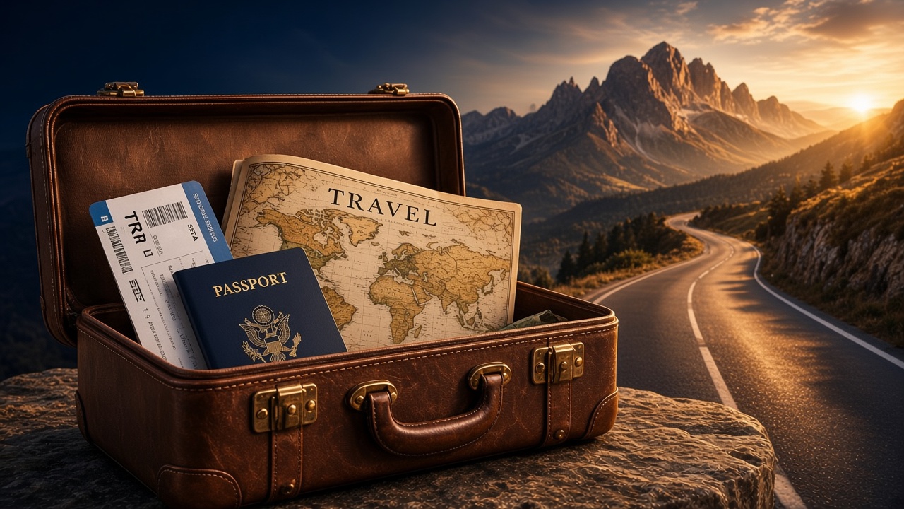 Mala aberta, passaporte e uma estrada de montanha ao entardecer