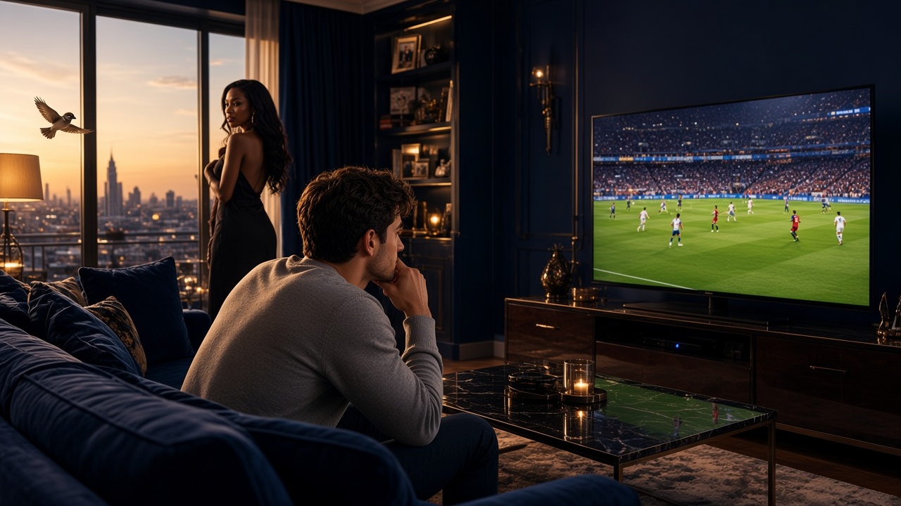 Pessoa assistindo um jogo na TV enquanto outra percebe um pássaro na janela